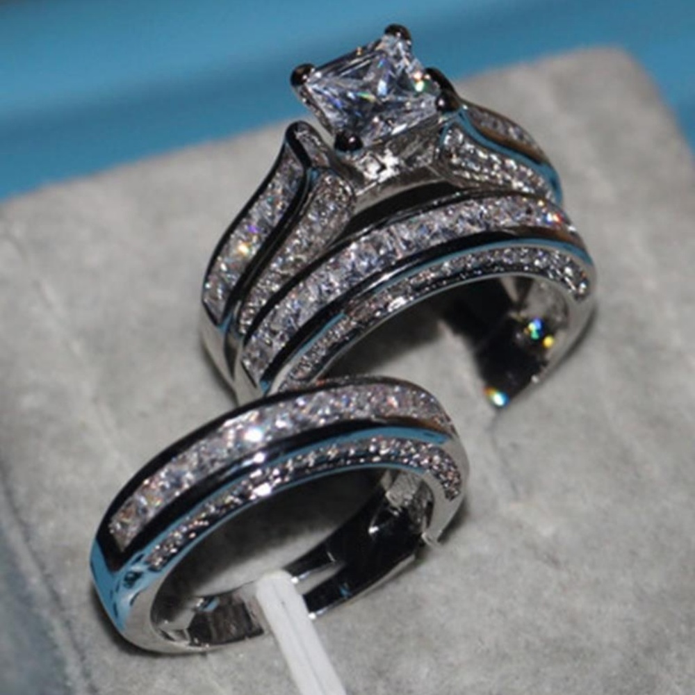 3PC 925 Sterling Silver Princess Cut Diamond Ring - Picture 2 of 4